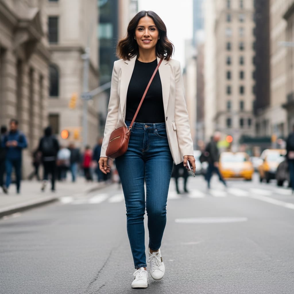 petite latino woman walking urban environment 67321665