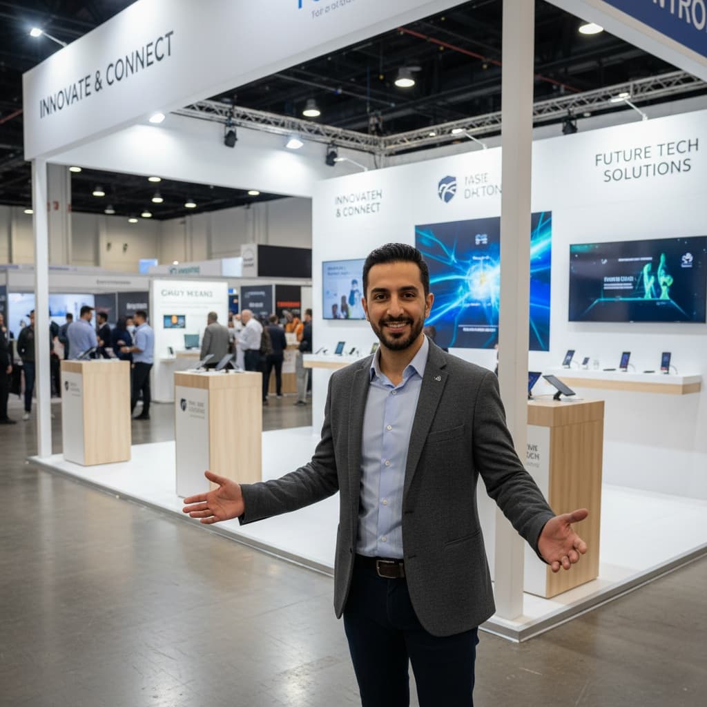 petite middle_eastern man booth entrance inviting 21877102