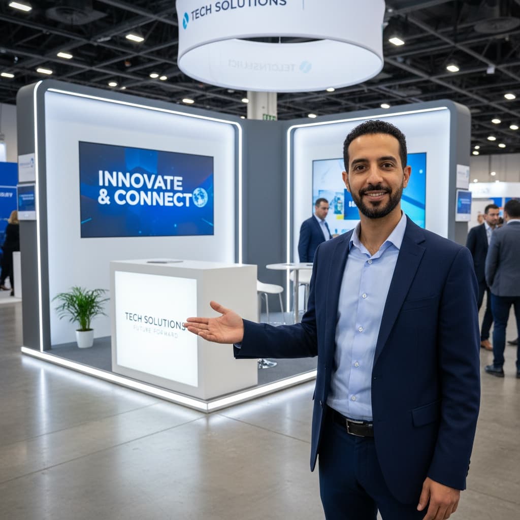 petite middle_eastern man booth signage branding 39182955