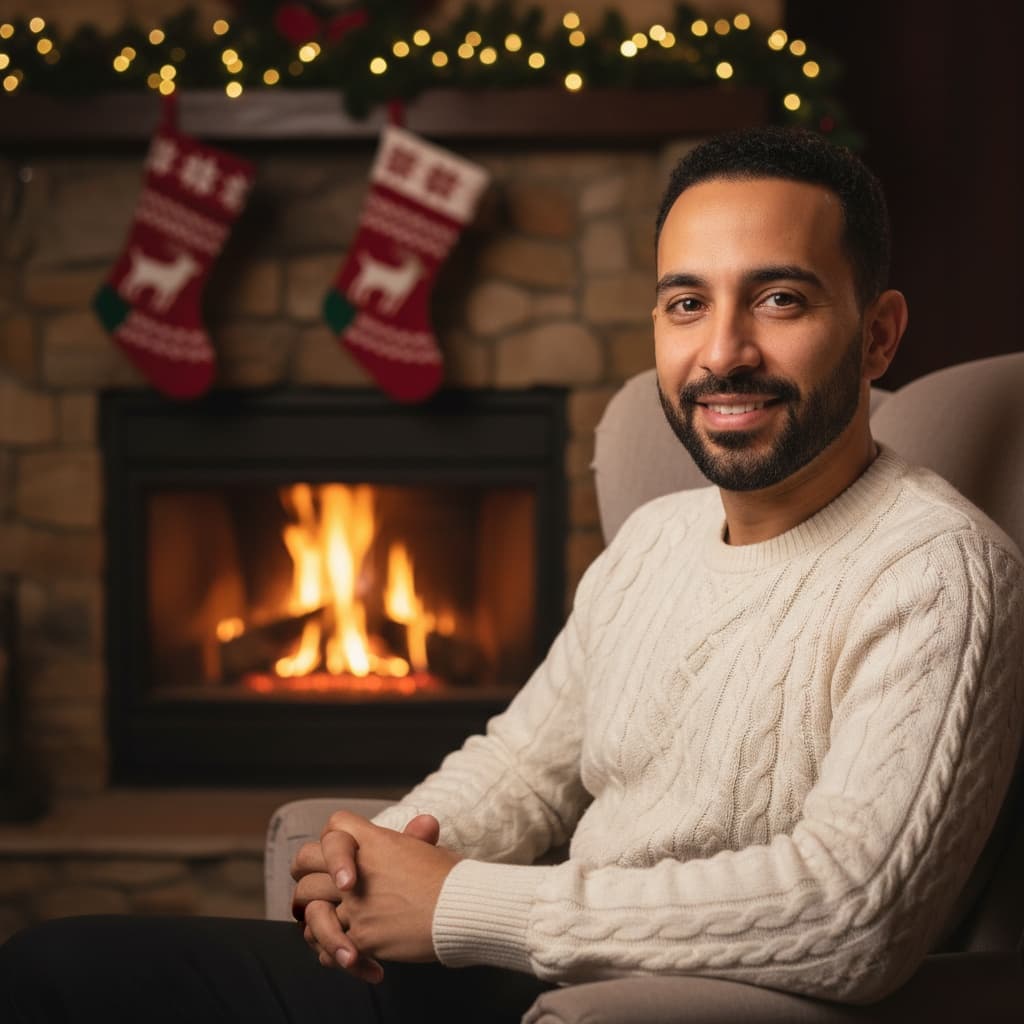 petite middle_eastern man cozy fireplace setting 48641462