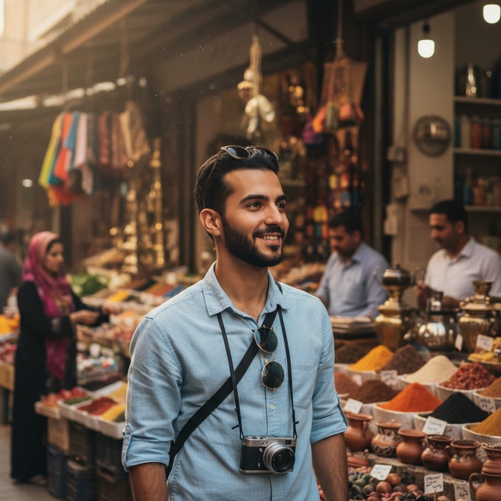petite middle_eastern man local market exploration 68780794