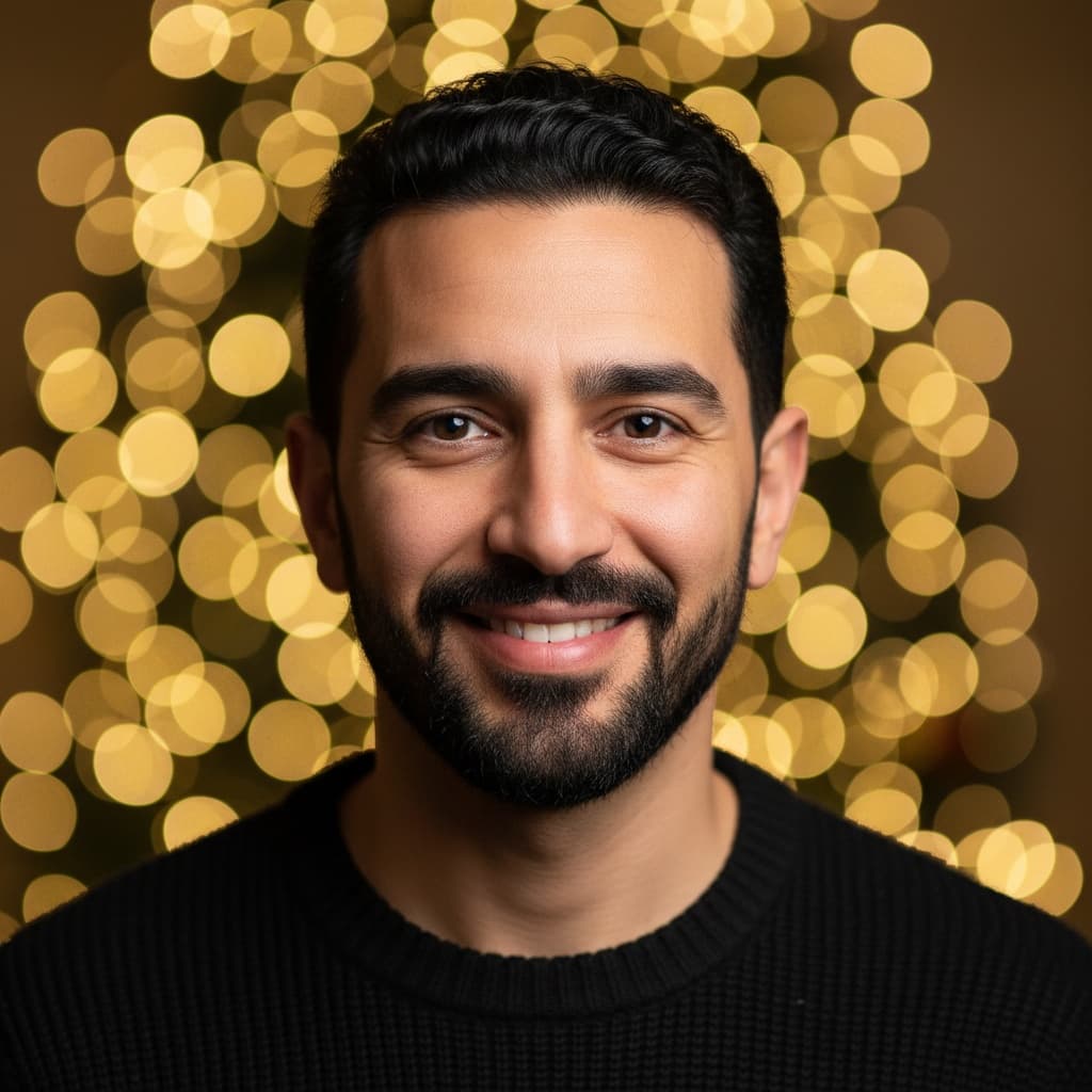 petite middle_eastern man twinkling lights bokeh 77438350