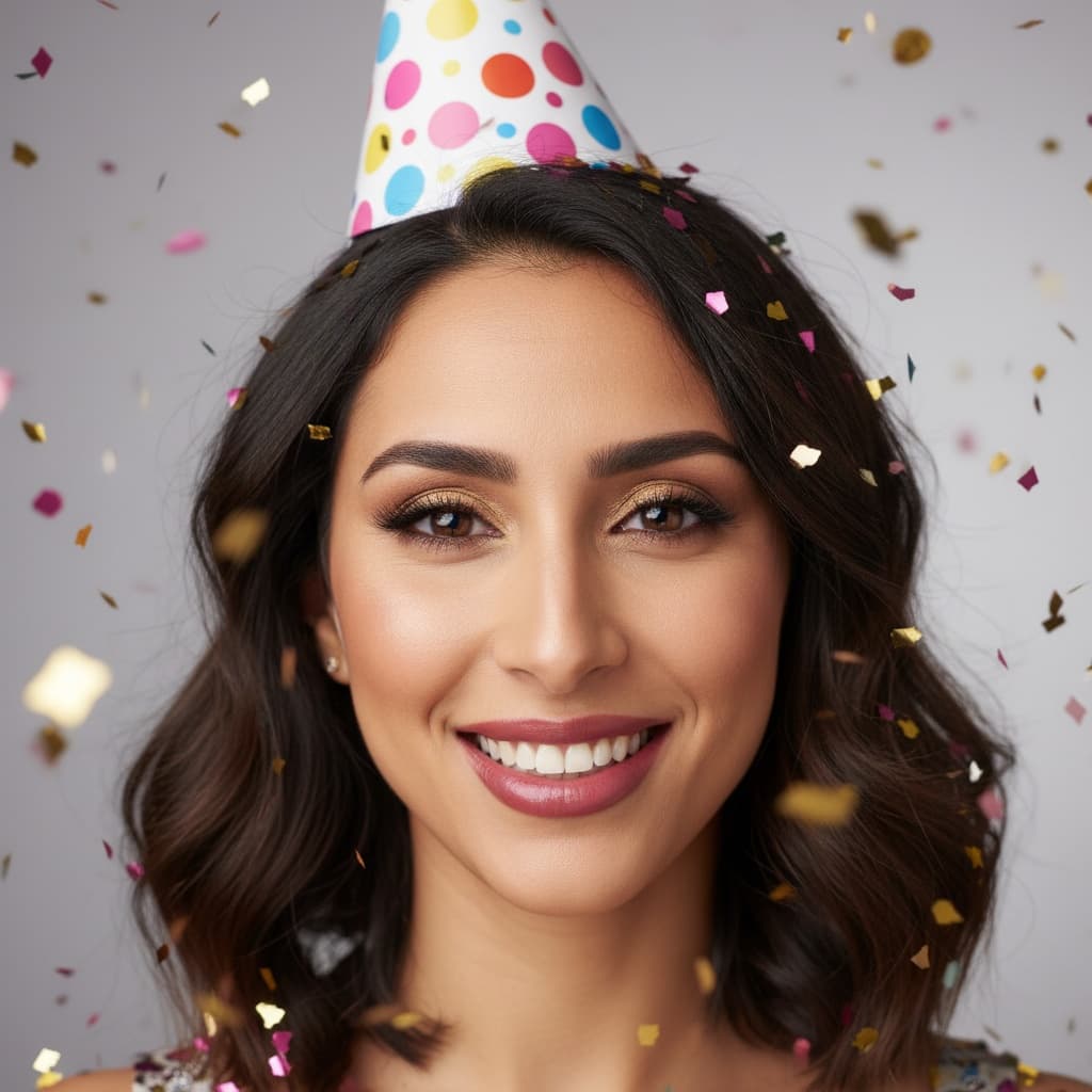 petite middle_eastern woman birthday hat close up 16247368