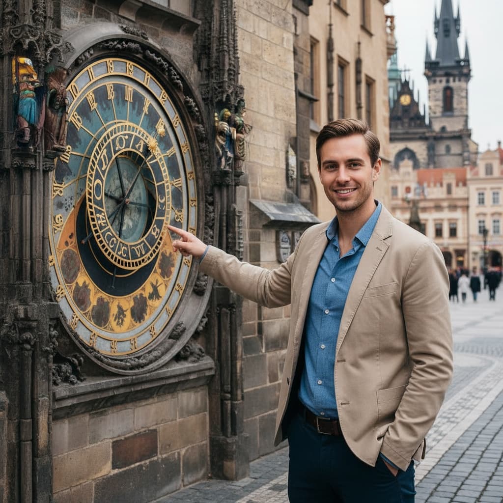 petite white man astronomical clock close 95390109