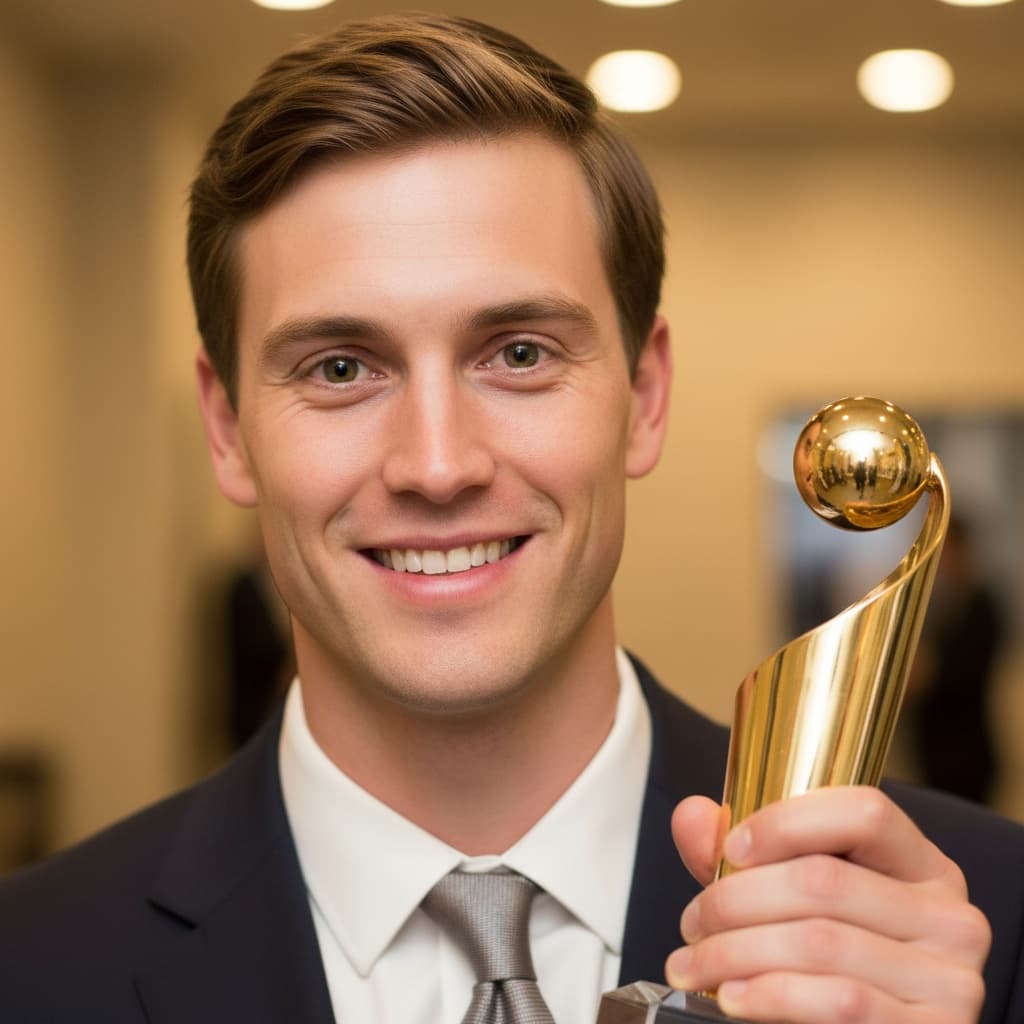 petite white man backstage trophy closeup 75527085
