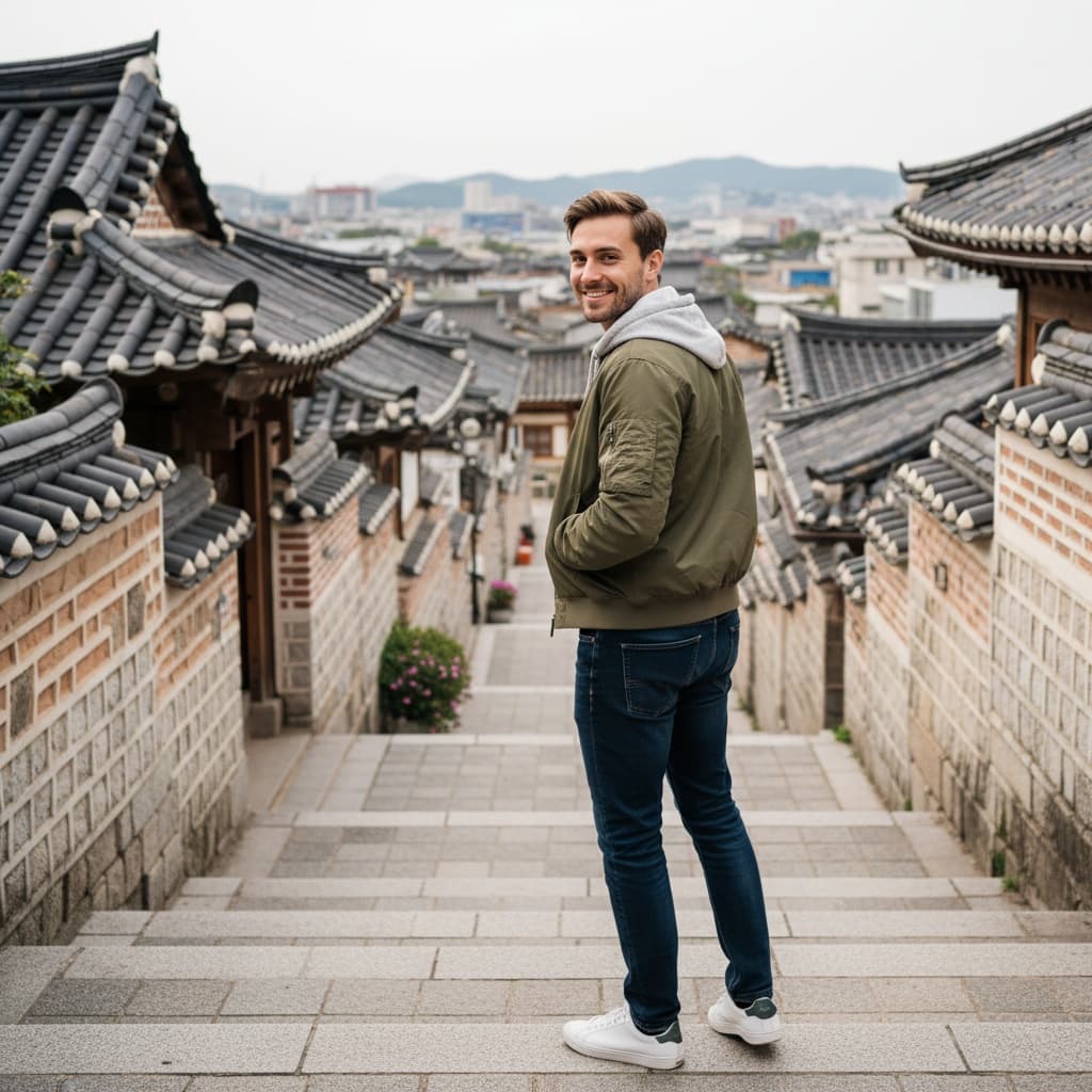 petite white man bukchon hanok stairs portrait 16093024