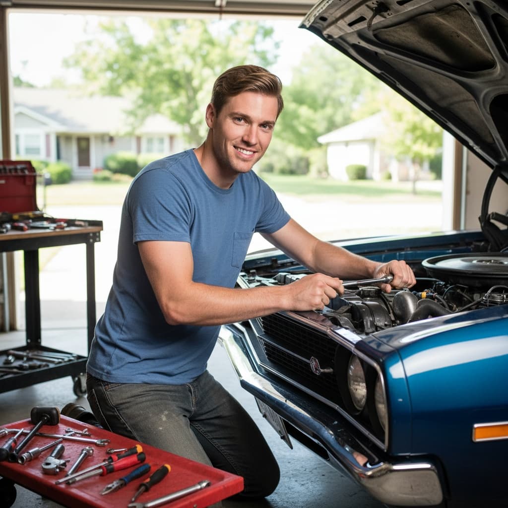 petite white man dad working on car 11844129