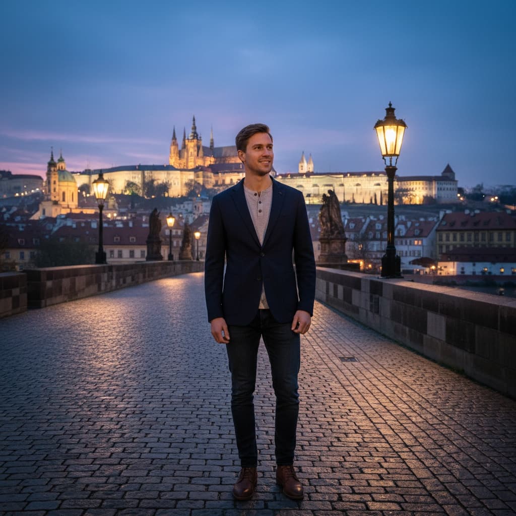petite white man evening illuminated bridge 22783388