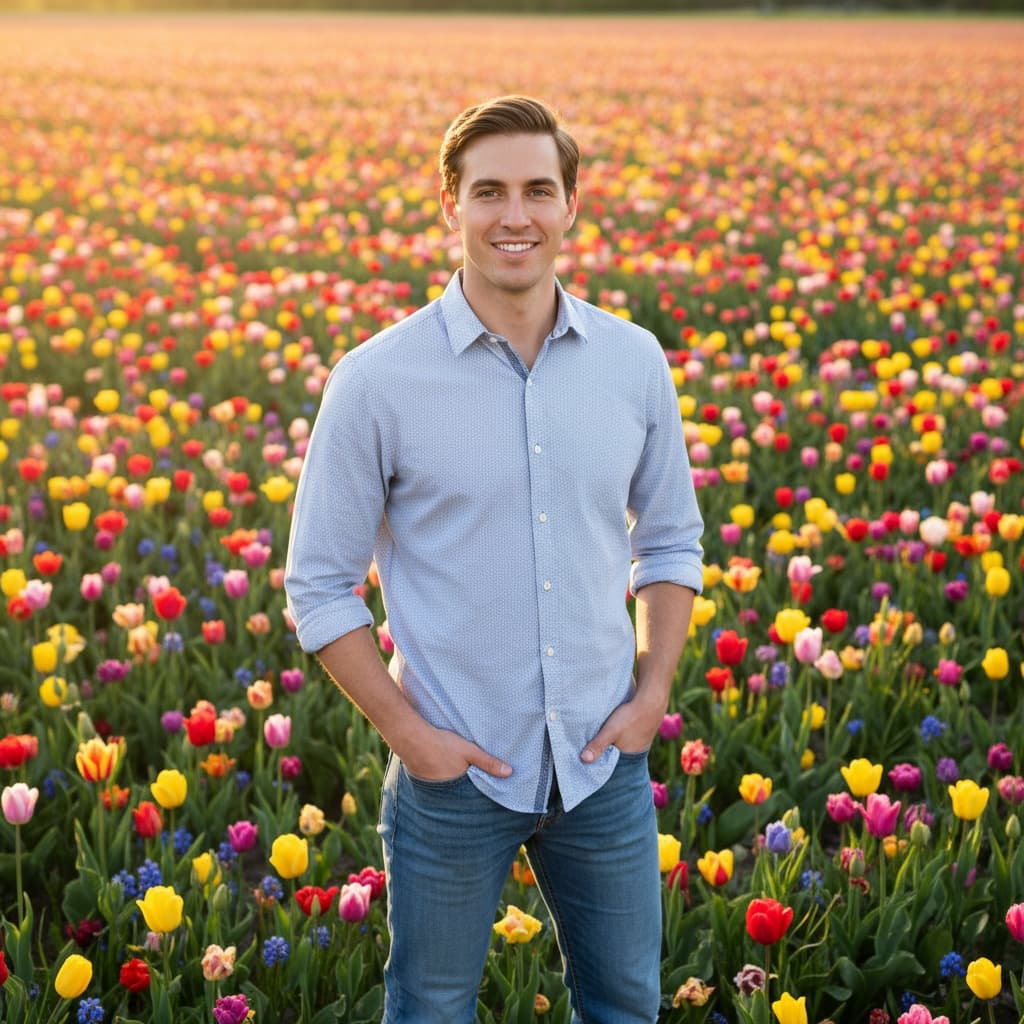 petite white man flower field full body 61011880