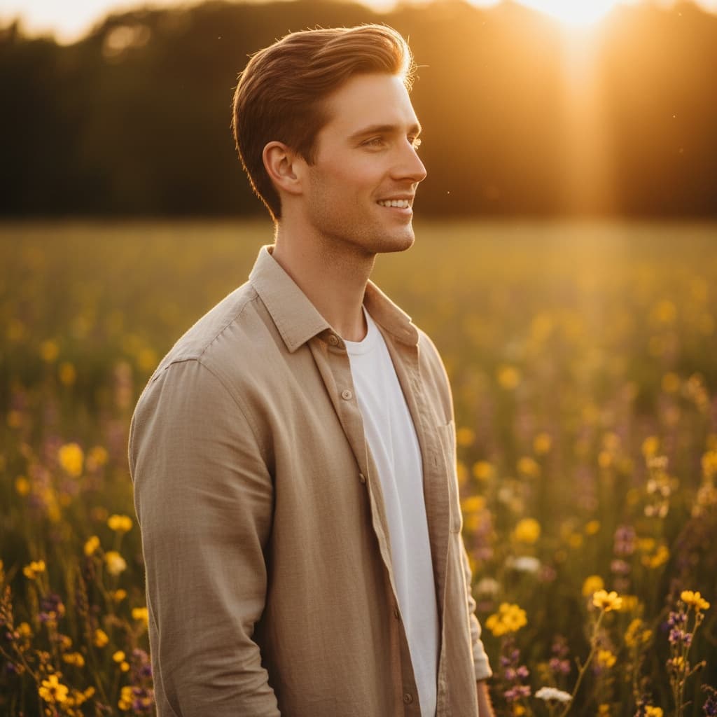 petite white man golden hour meadow portrait 47017033