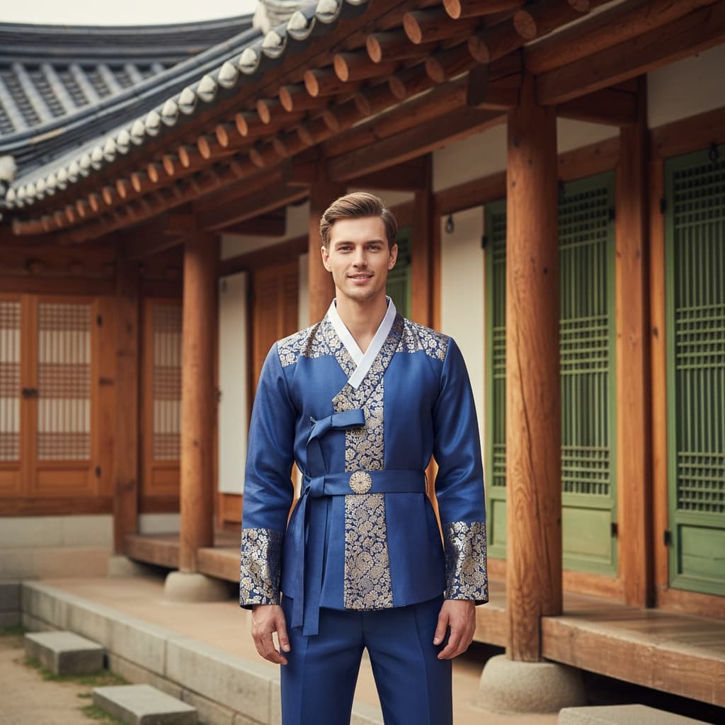petite white man hanbok traditional hanok village 36842456