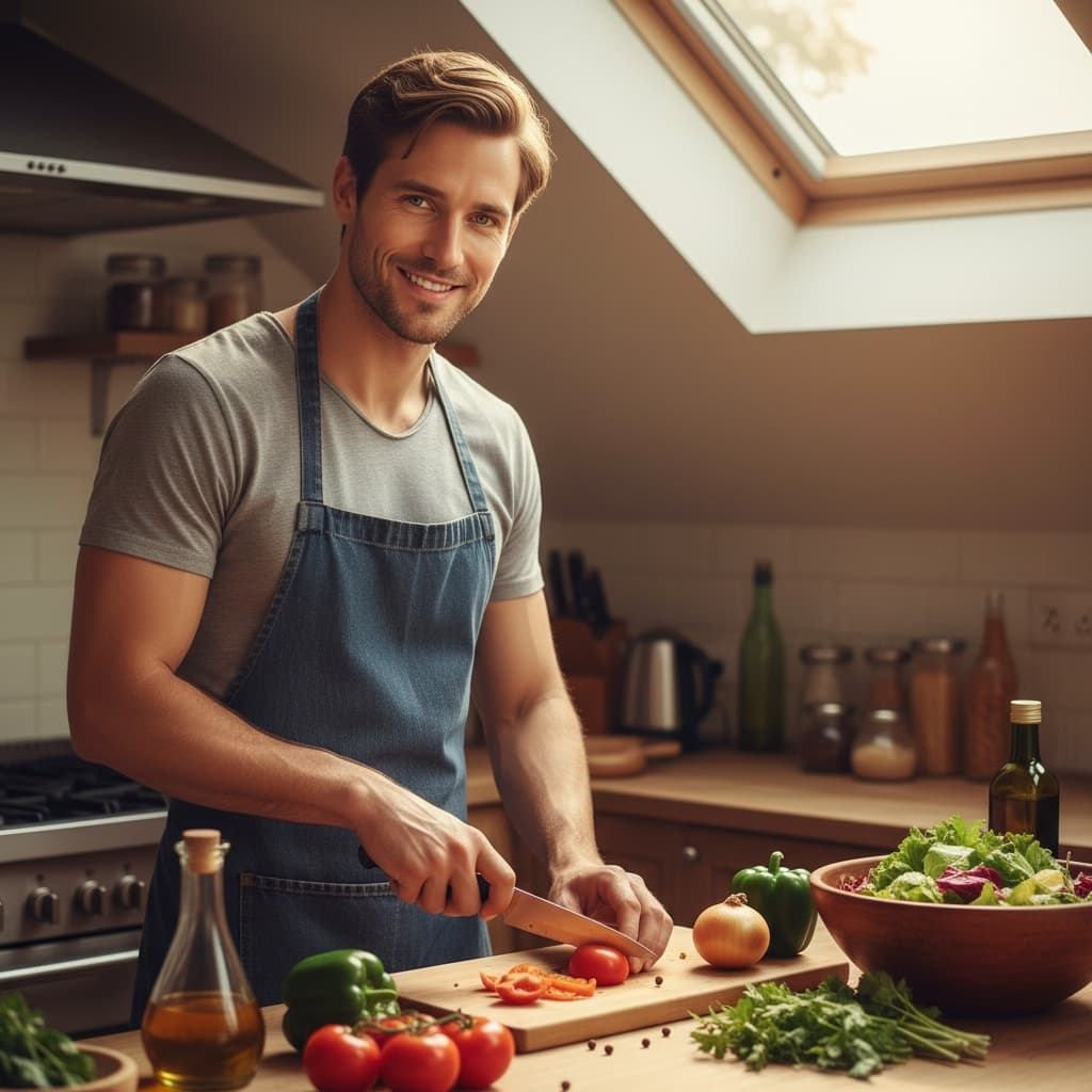 petite white man kitchen cooking prep 67653122
