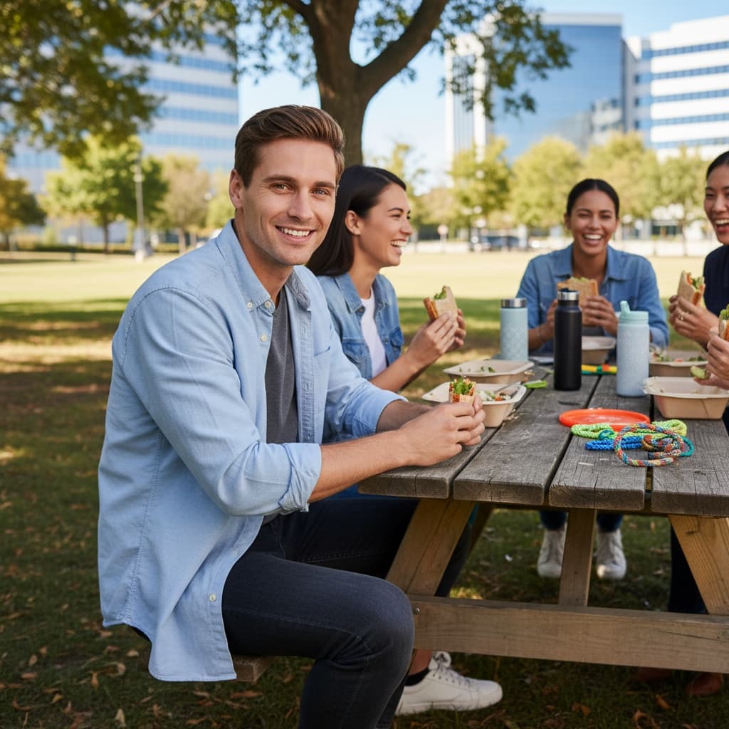 petite white man lunch break bonding 91091238