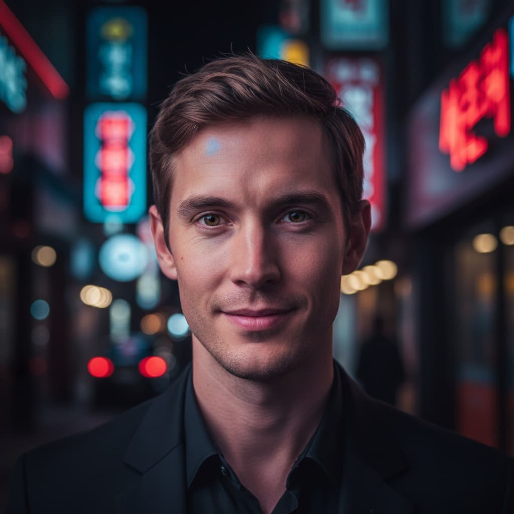 petite white man night neon seoul portrait 11340840
