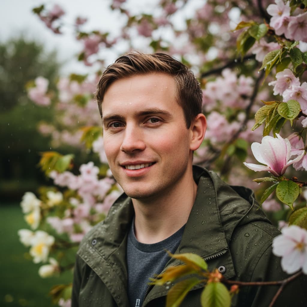 petite white man rain spring blossoms 94396658