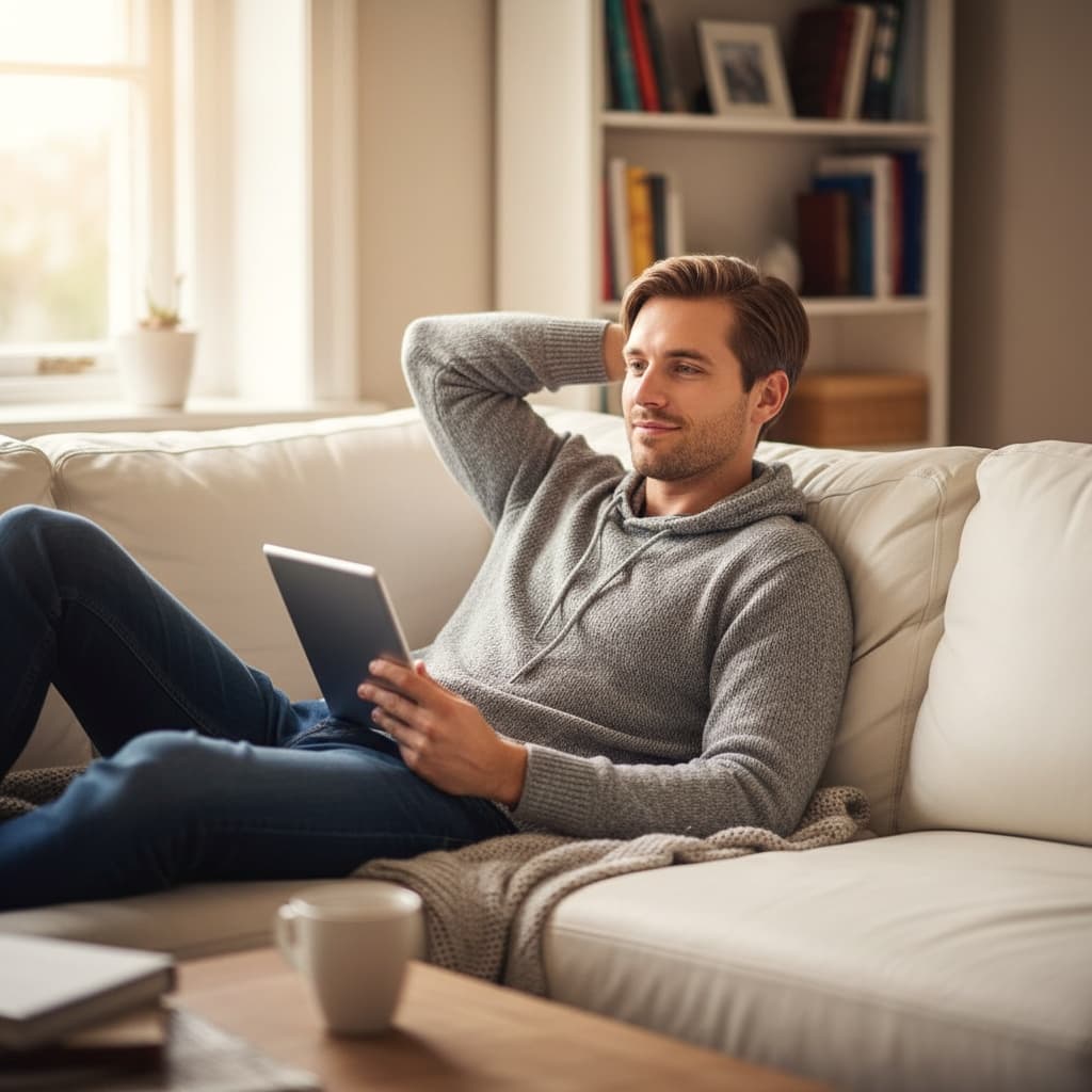 petite white man reading relaxing couch 65478152