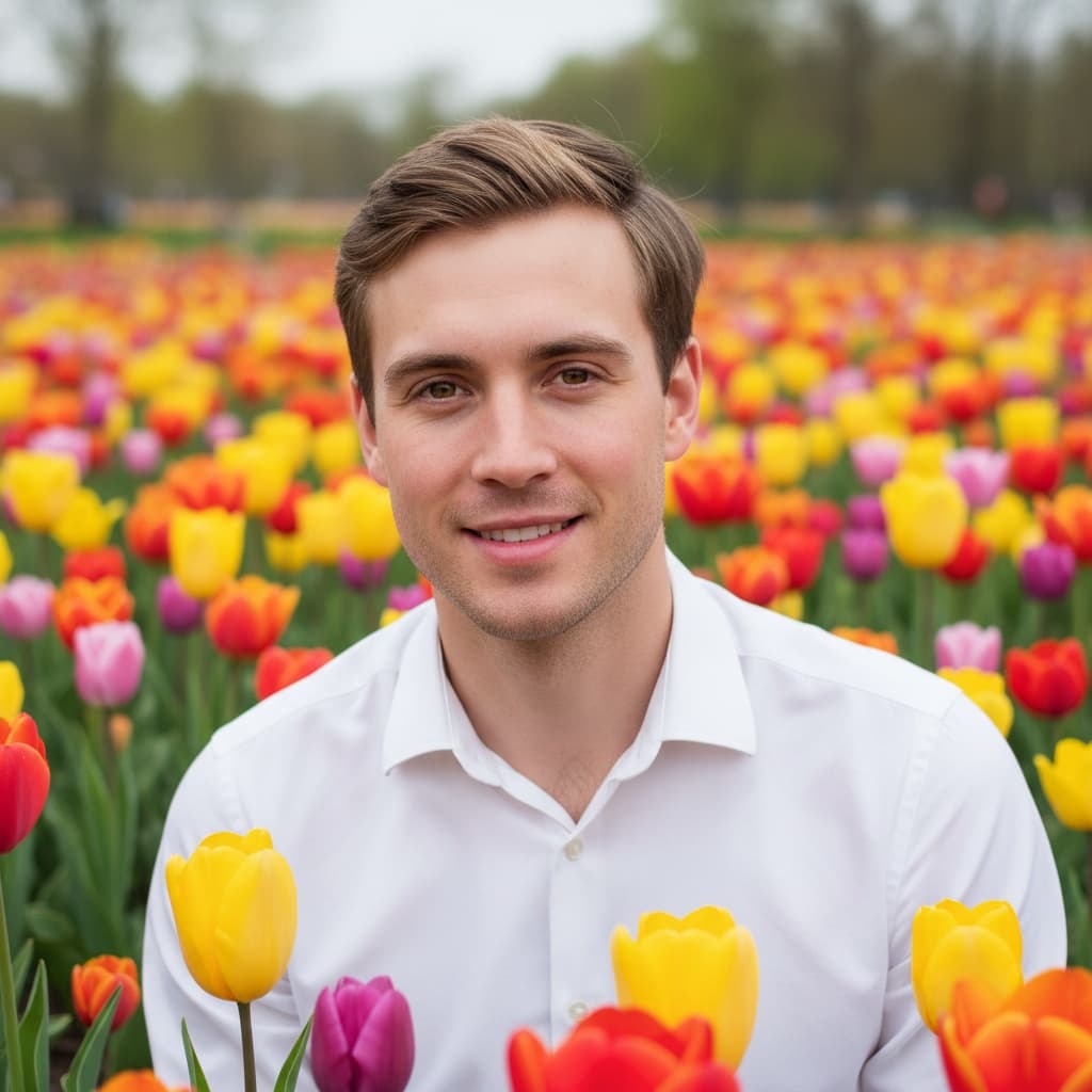 petite white man tulip field closeup portrait 30845169