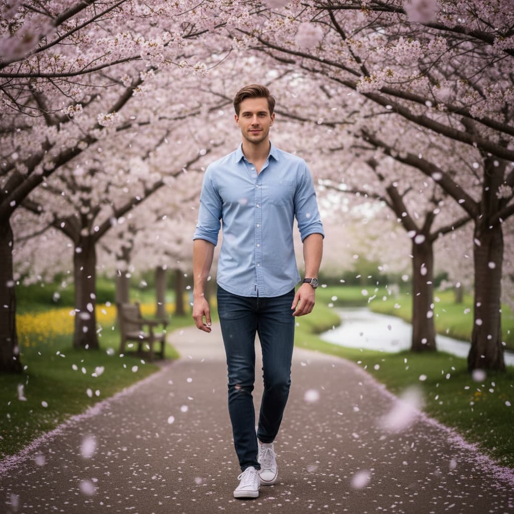 petite white man walking blossom pathway 43010360