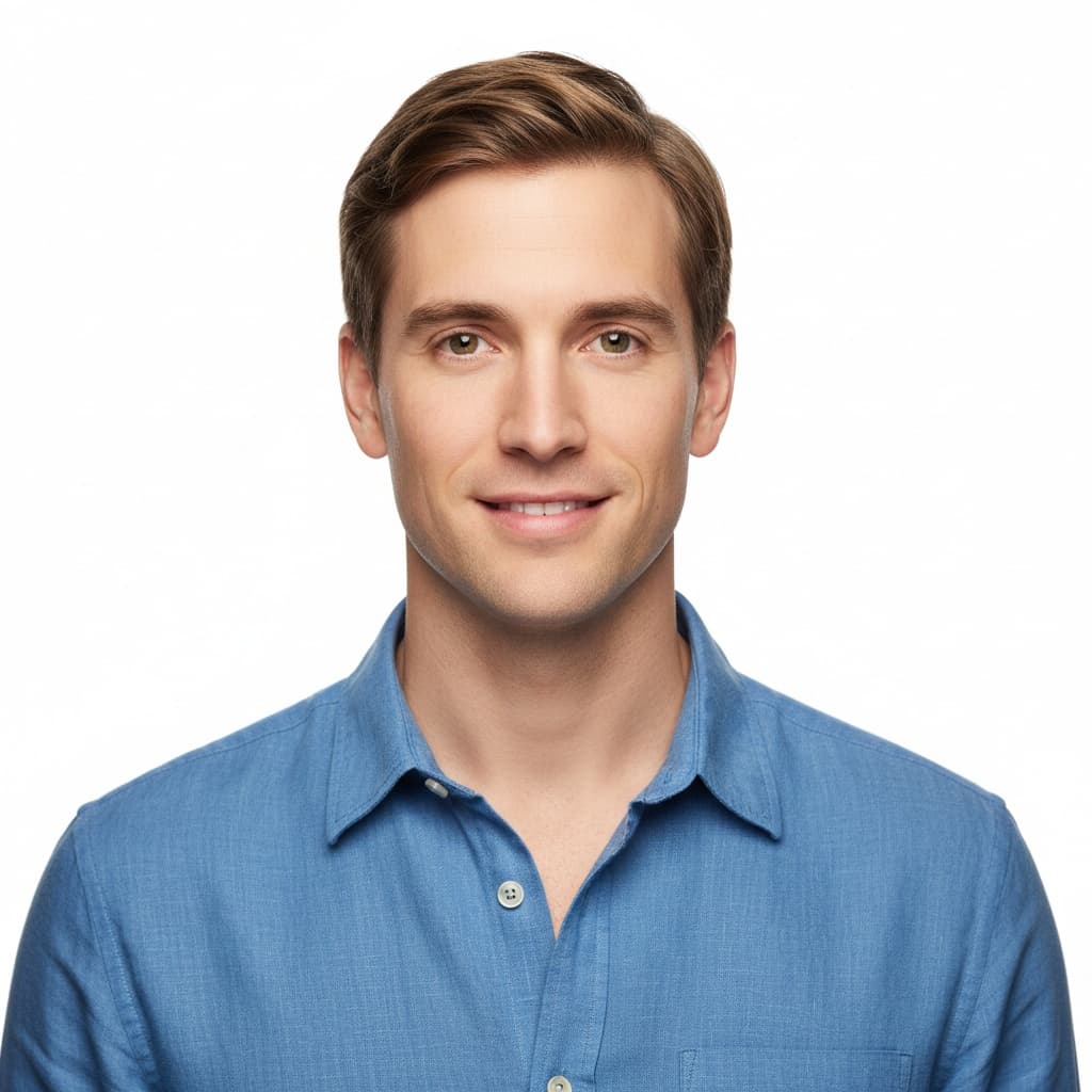 petite white man white background slight smile 71543801