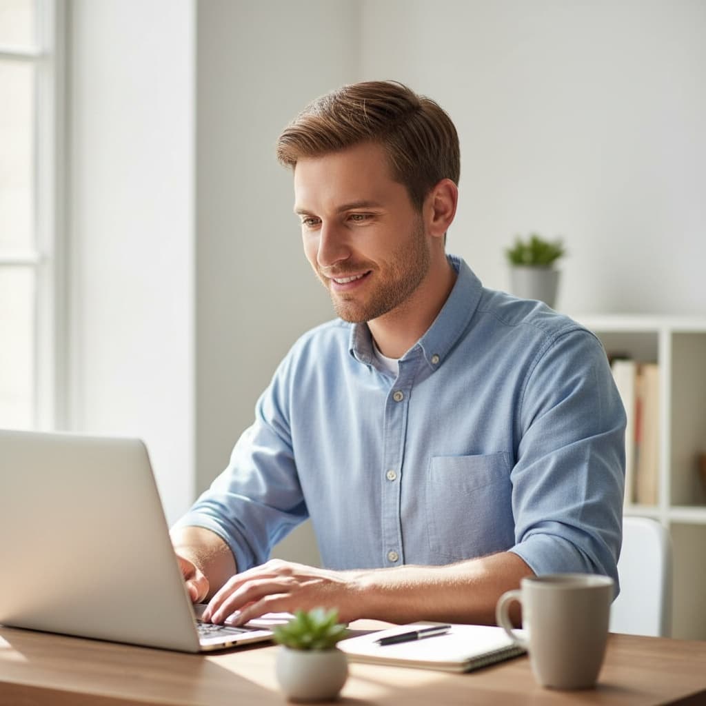 petite white man work from home desk 99264392