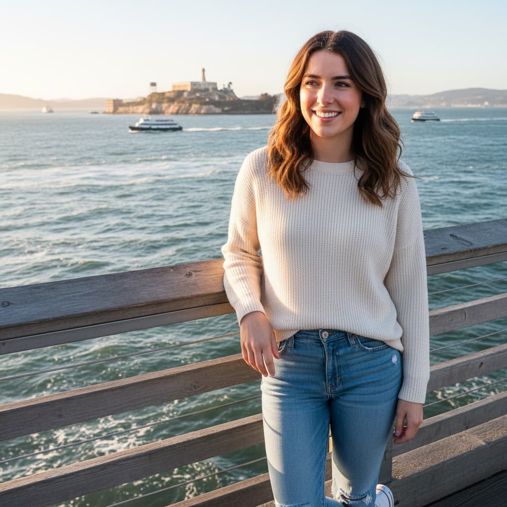 petite white woman alcatraz island view 98860890