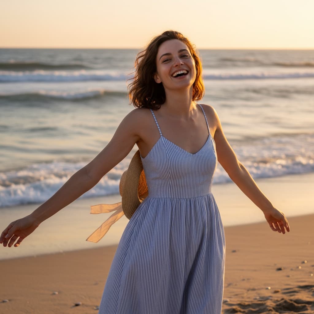 petite white woman beach casual portrait 79976831