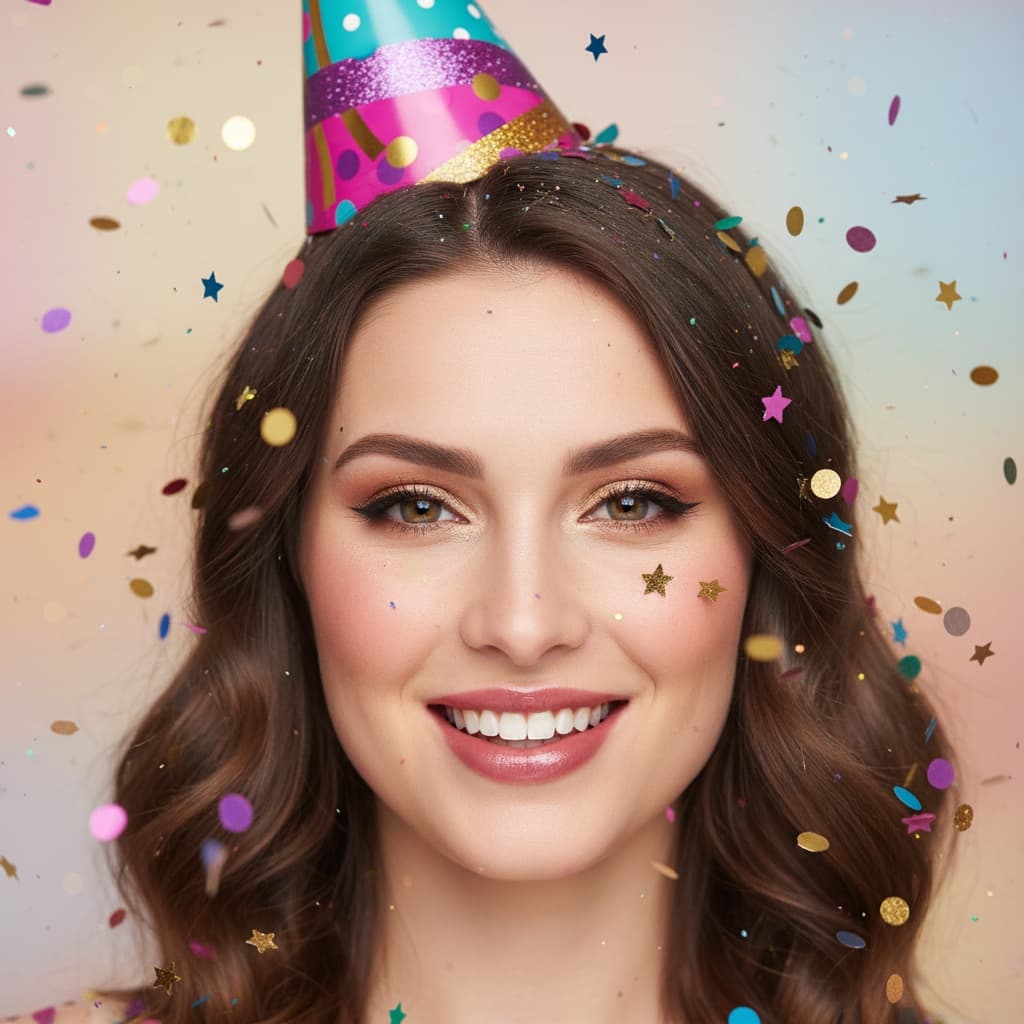 petite white woman birthday hat close up 40991151