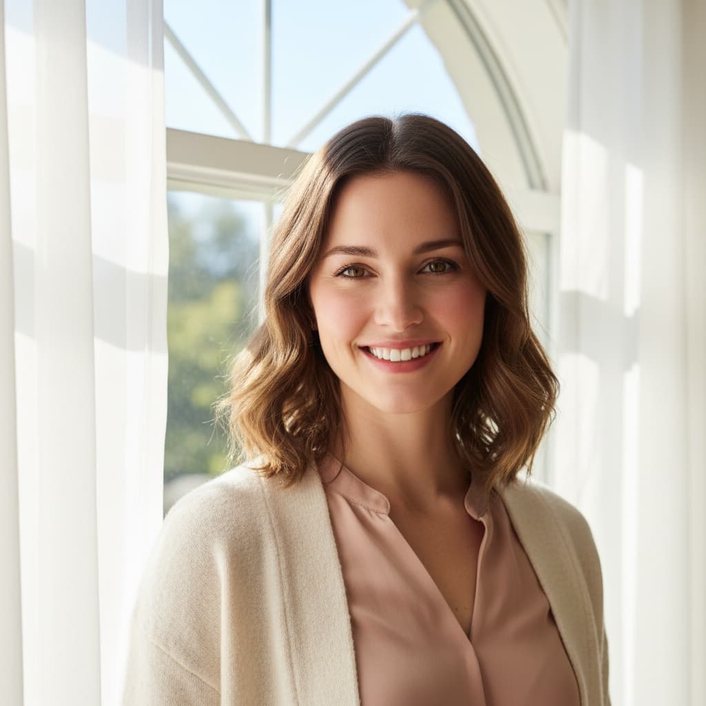 petite white woman bright airy window backdrop 83074047