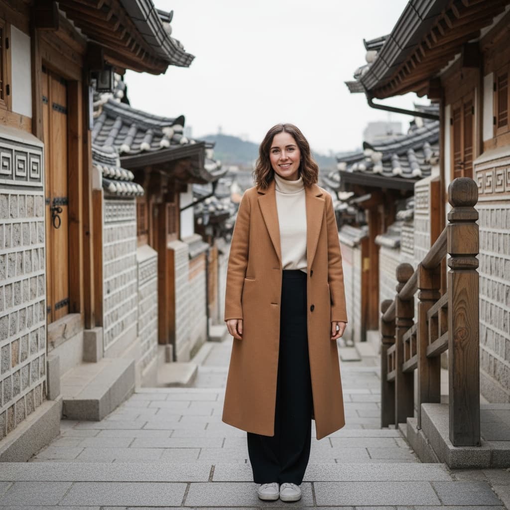 petite white woman bukchon hanok stairs portrait 48777644