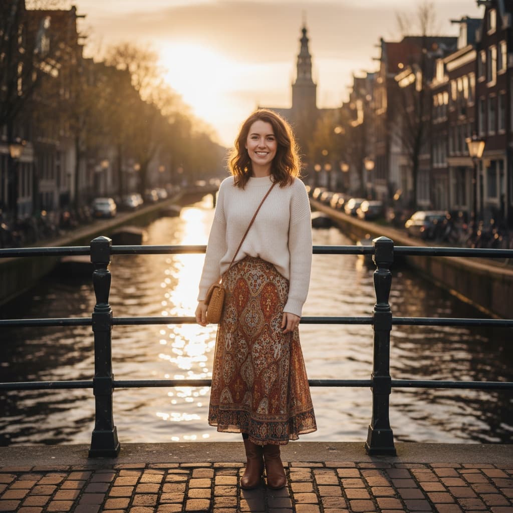 petite white woman canal sunset golden hour 92978538