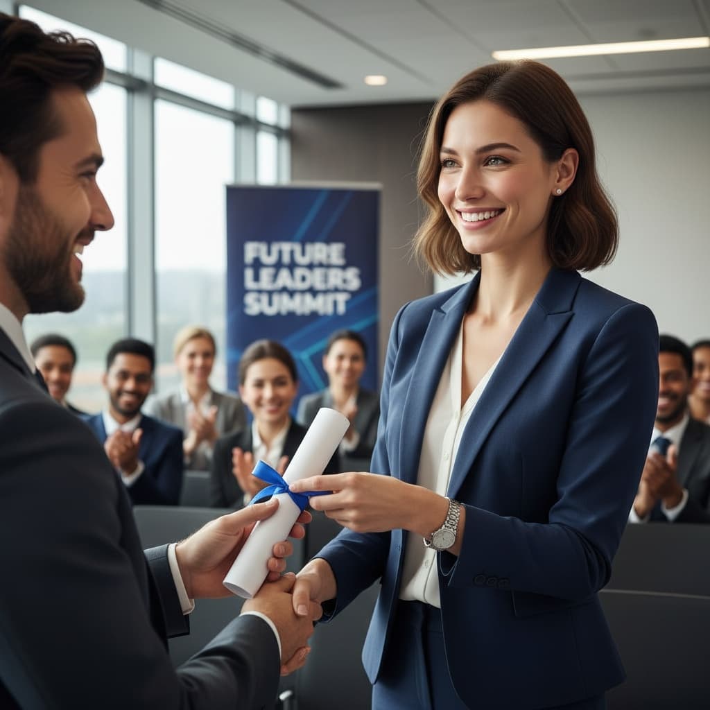 petite white woman certificate presentation moment 78246154