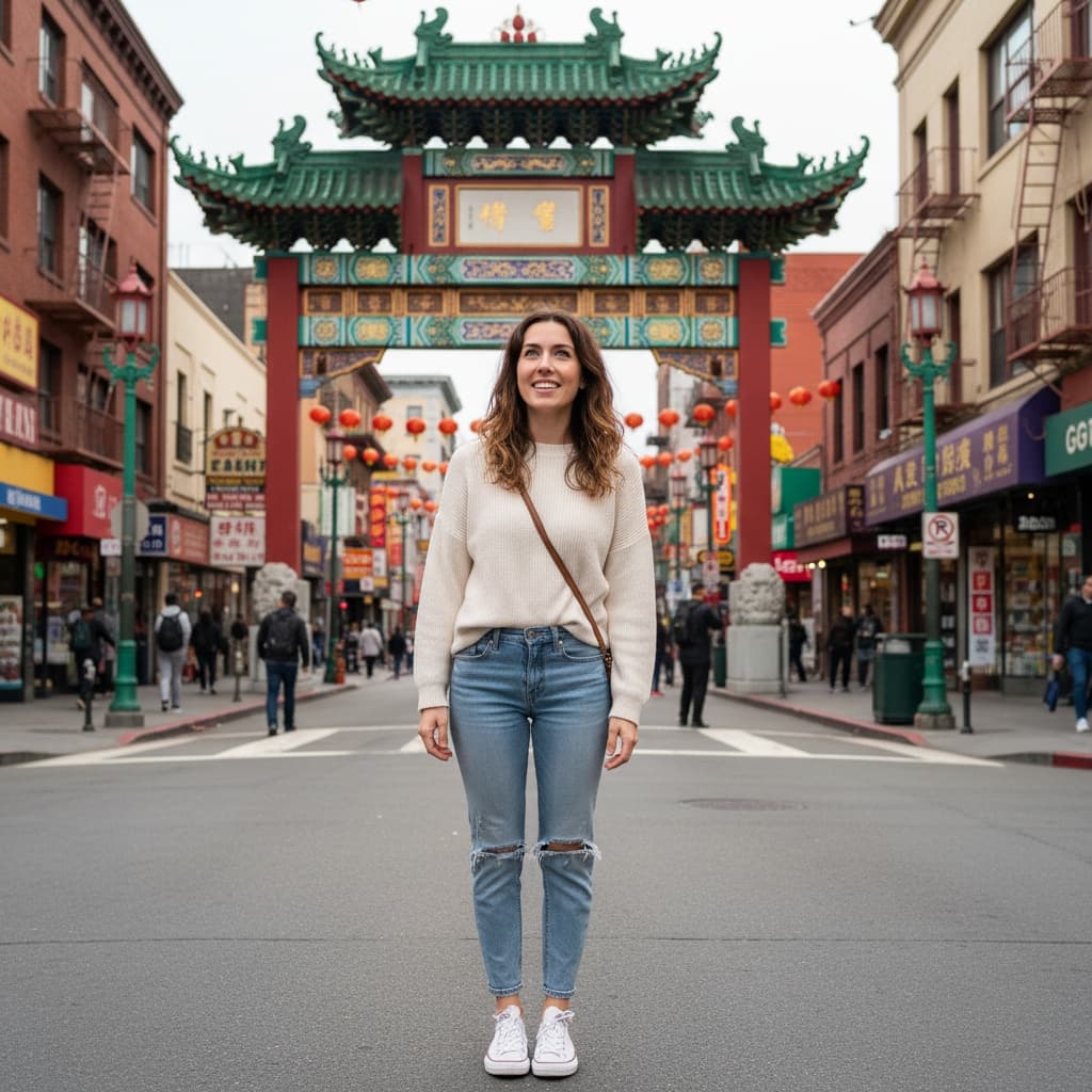 petite white woman chinatown gate entrance 39644120