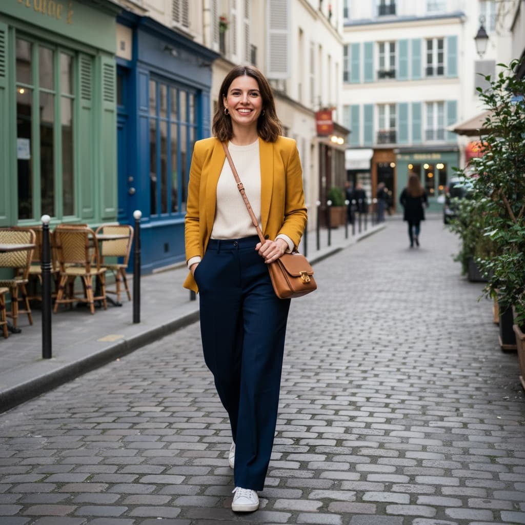 petite white woman cobblestone street marais 11042120