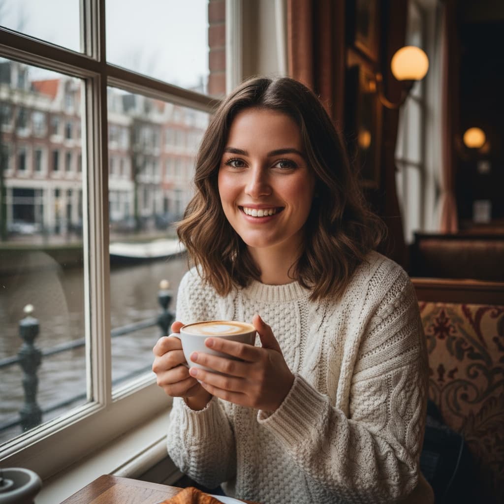 petite white woman cozy cafe window seat 93316876