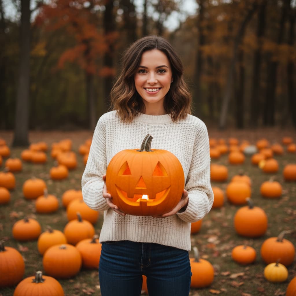 petite white woman cute pumpkin patch casual 20517217