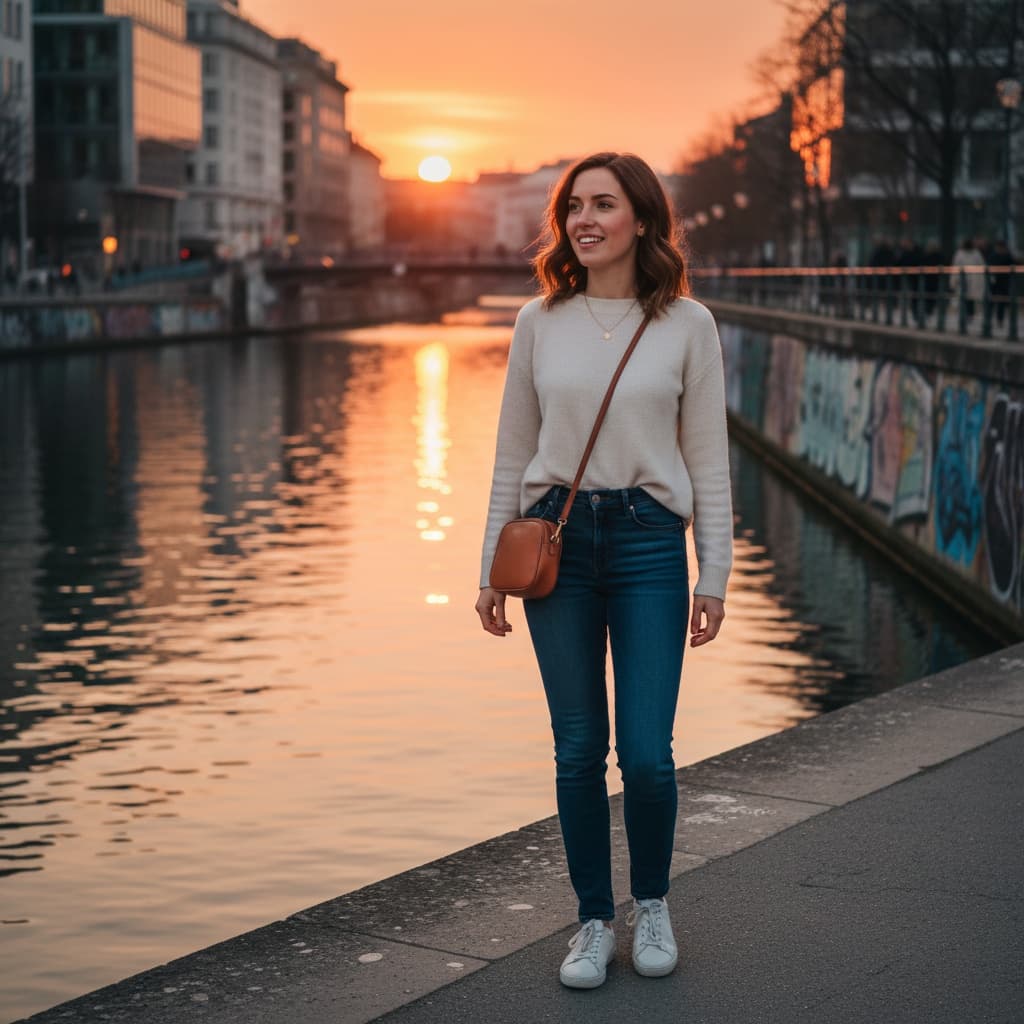 petite white woman danube canal sunset 29582471