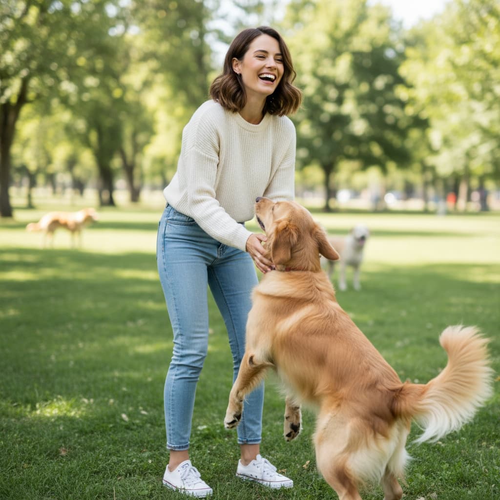 petite white woman dog park pet lover 87386595
