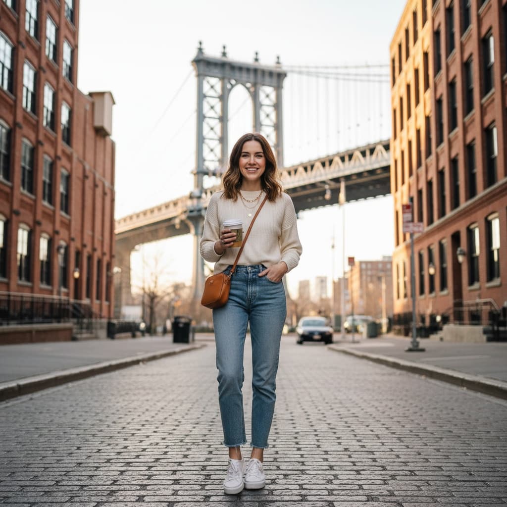 petite white woman dumbo brooklyn bridge view 41375655