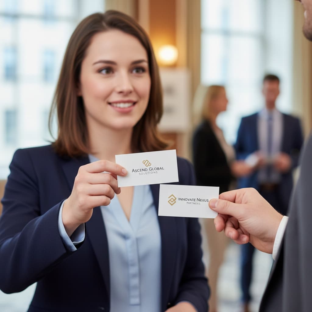 petite white woman exchanging business cards 73613649
