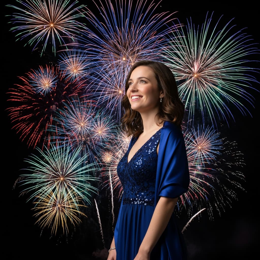 petite white woman fireworks outdoor backdrop 39826133