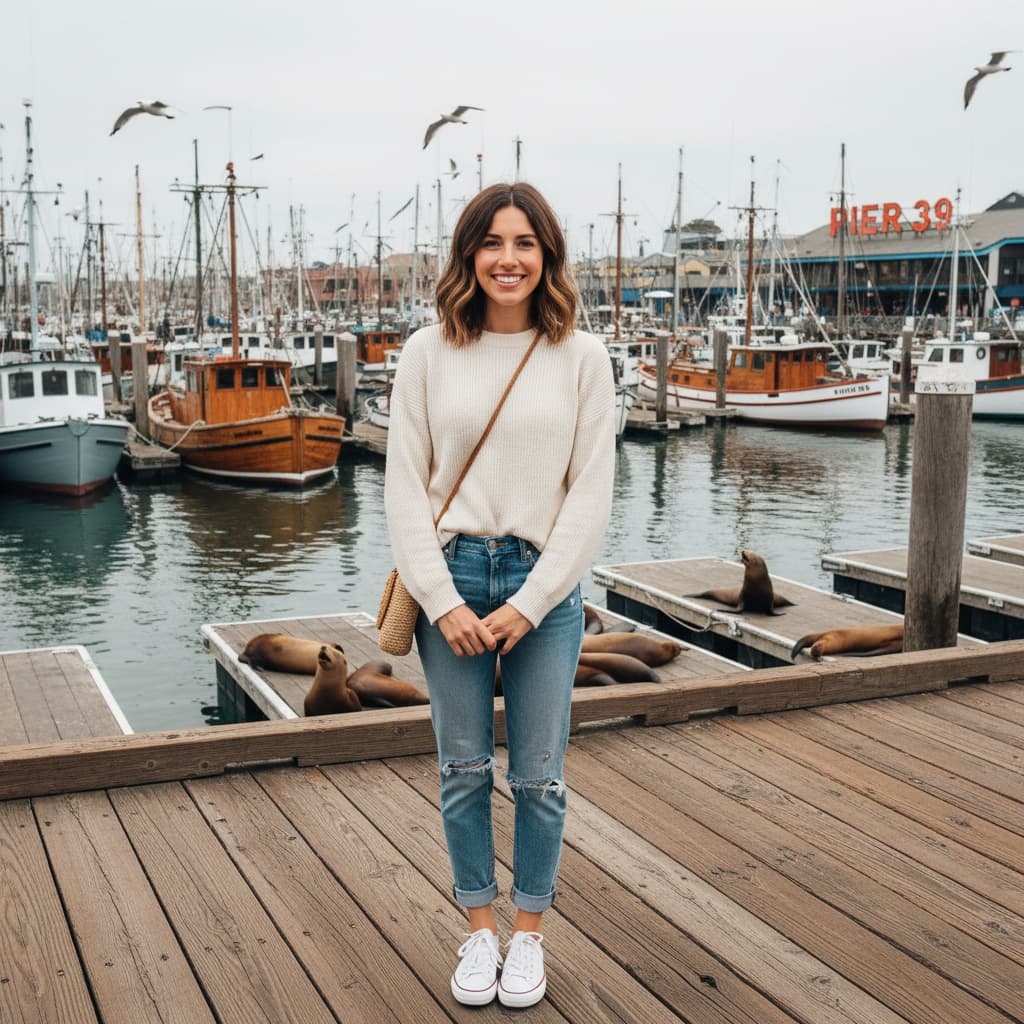 petite white woman fishermans wharf waterfront 25299541