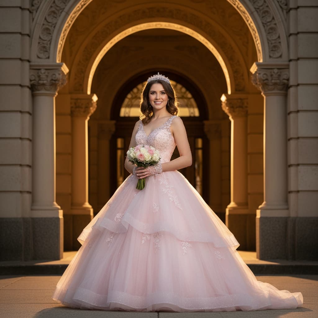 petite white woman formal venue entrance 76863040