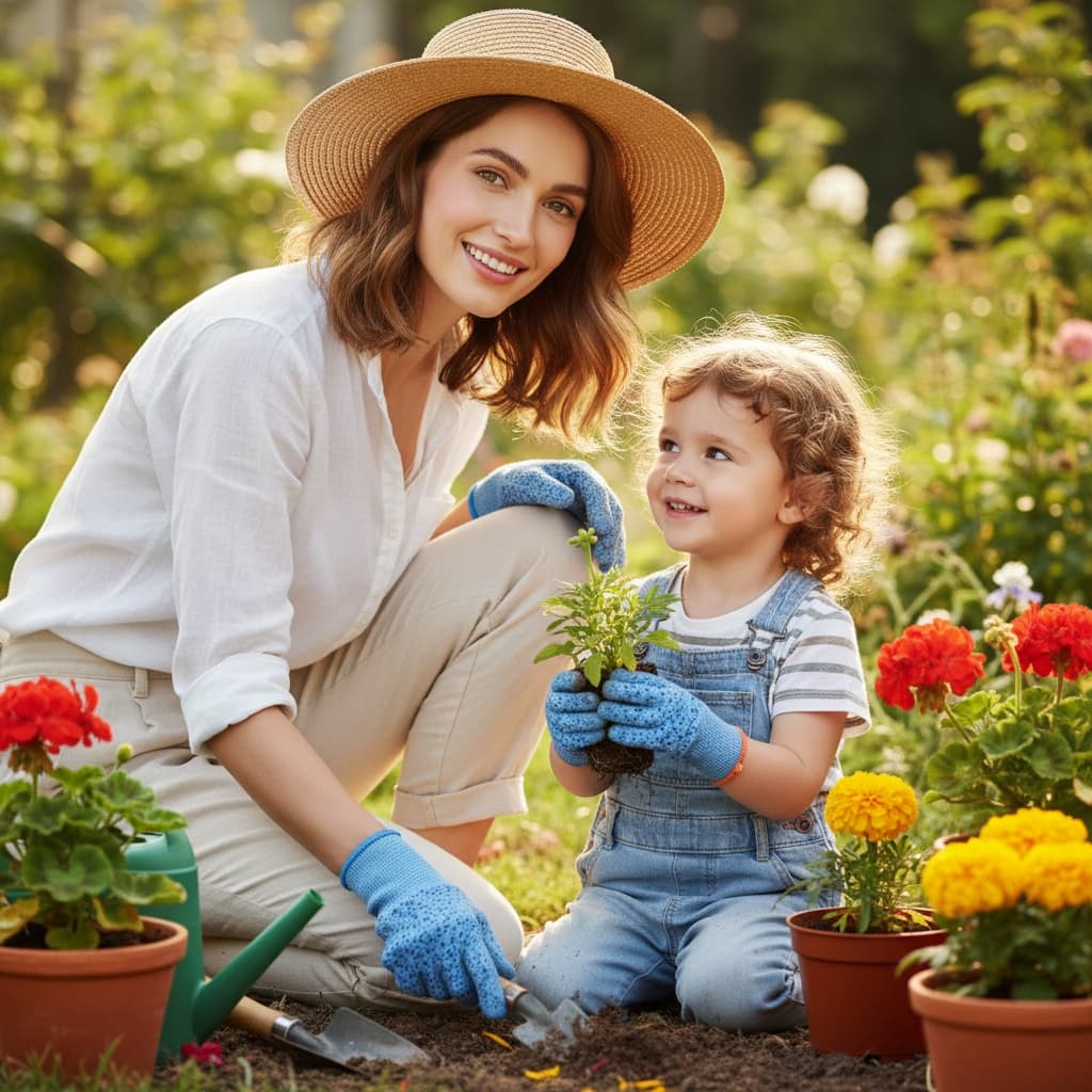 petite white woman garden planting together 60477025
