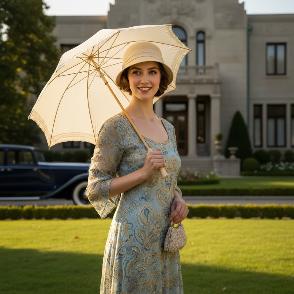 petite white woman gatsby mansion exterior 11878961
