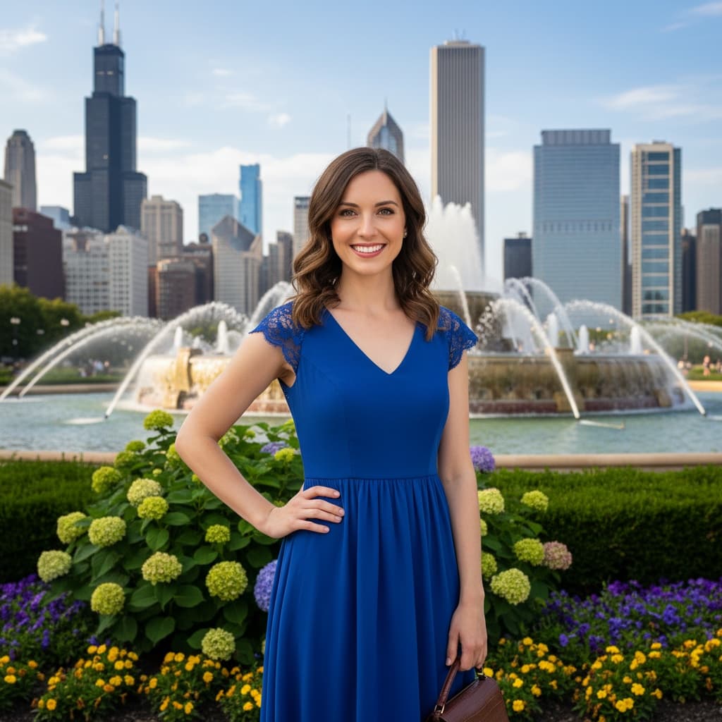 petite white woman grant park buckingham fountain 85364488