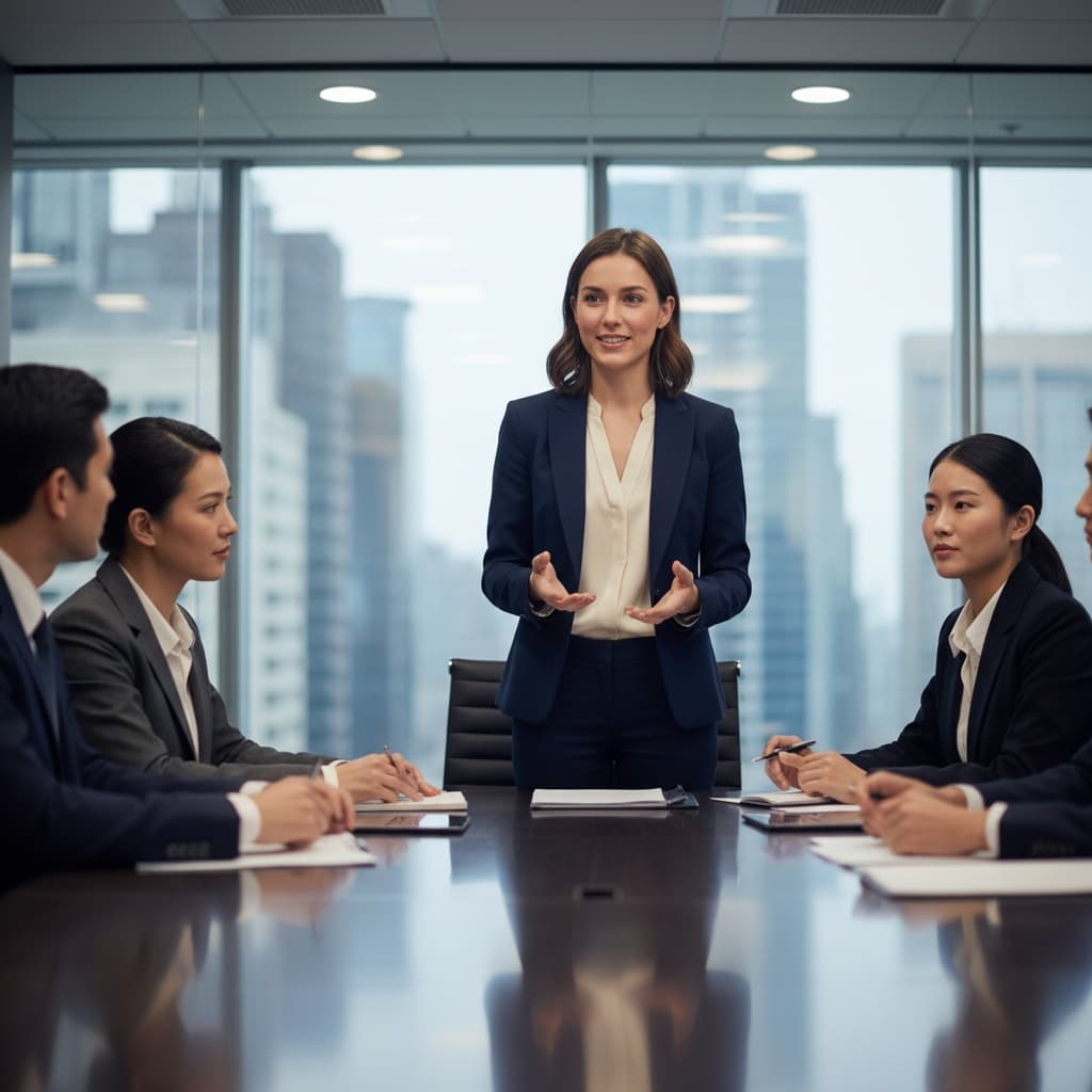 petite white woman head of table leading discussion 68393339