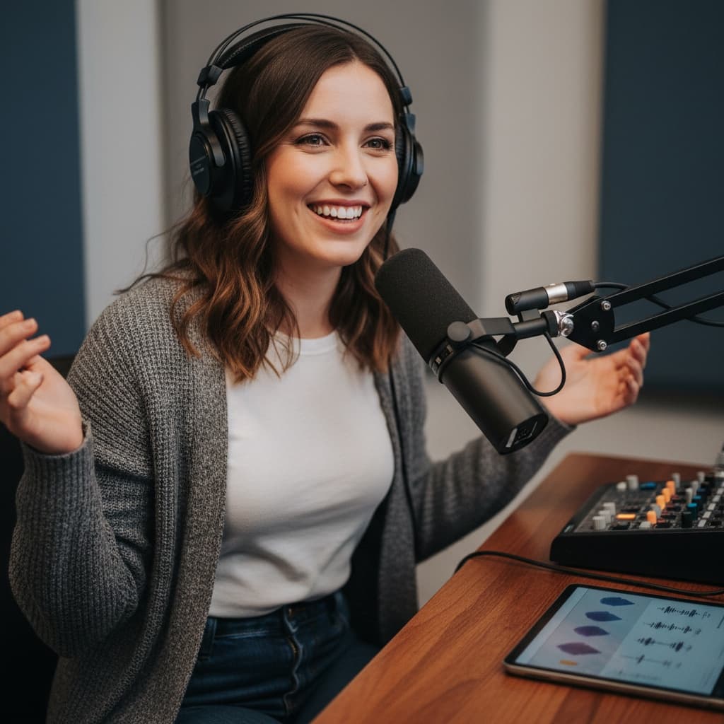 petite white woman headphones on recording 87198104