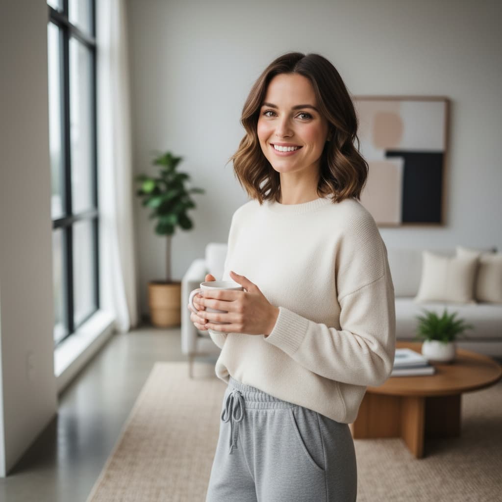 petite white woman home interior authentic candid 71869941