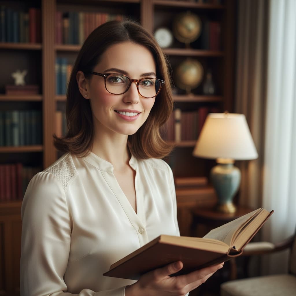 petite white woman home library intellectual 52255942