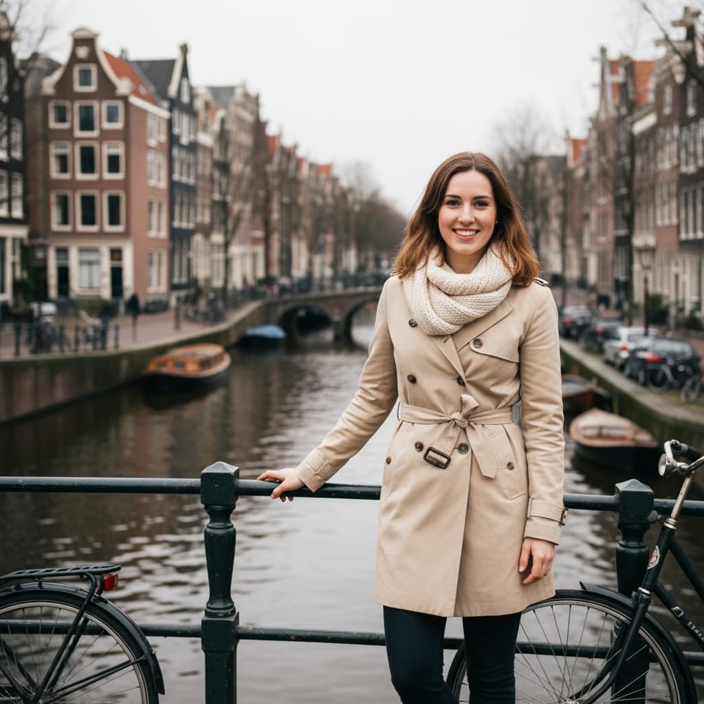 petite white woman iconic canal bridge portrait 83080804